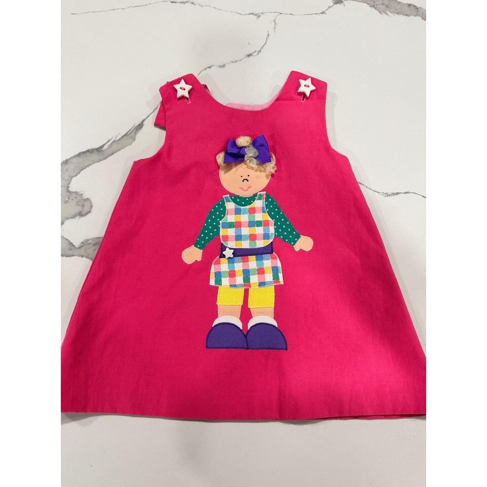 Vtg Chocolate Soup Pink Jumper Dress 3T Handcrafted Girl Applique Star Button